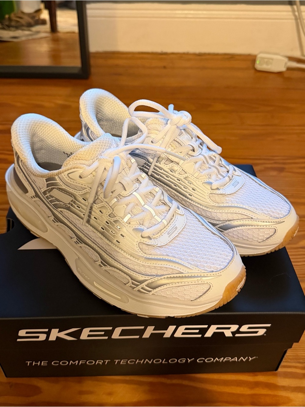 Skechers Women’s White Mesh Lace-Up Sneakers with Silver Accents